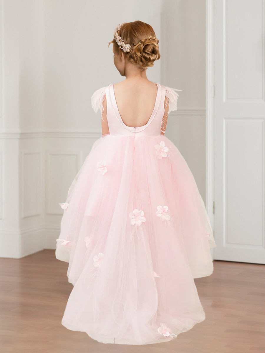 A-Line/Princess Scoop Sleeveless High-Low Tulle Flower Girl Dresses with Beading and Feather