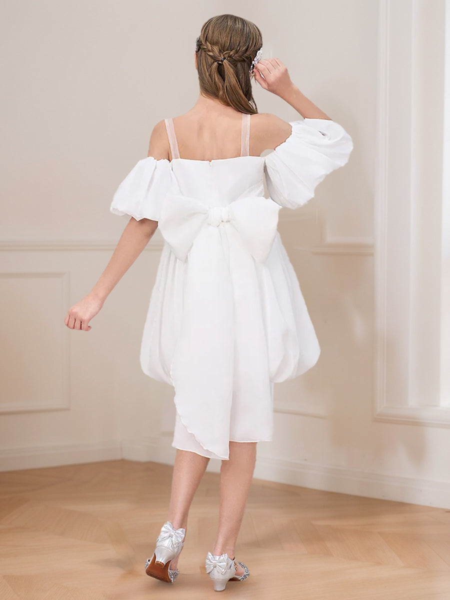 Ball-Gown/Princess Straps Puff Sleeves Knee-Length Flower Girl Dresses with Appliques