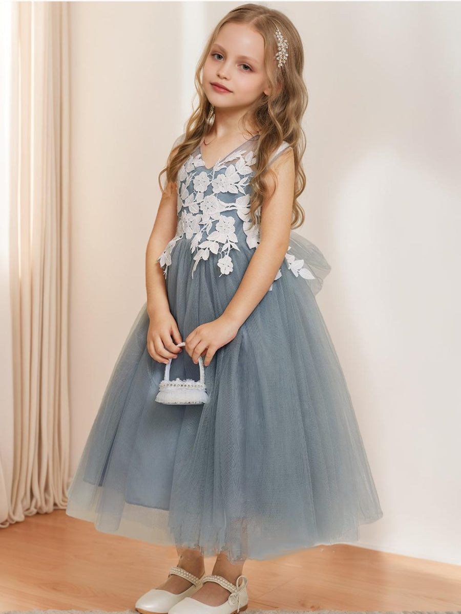 A-Line/Princess V-Neck Sleeveless Tea-Length Flower Girl Dresses With Applique & Bow