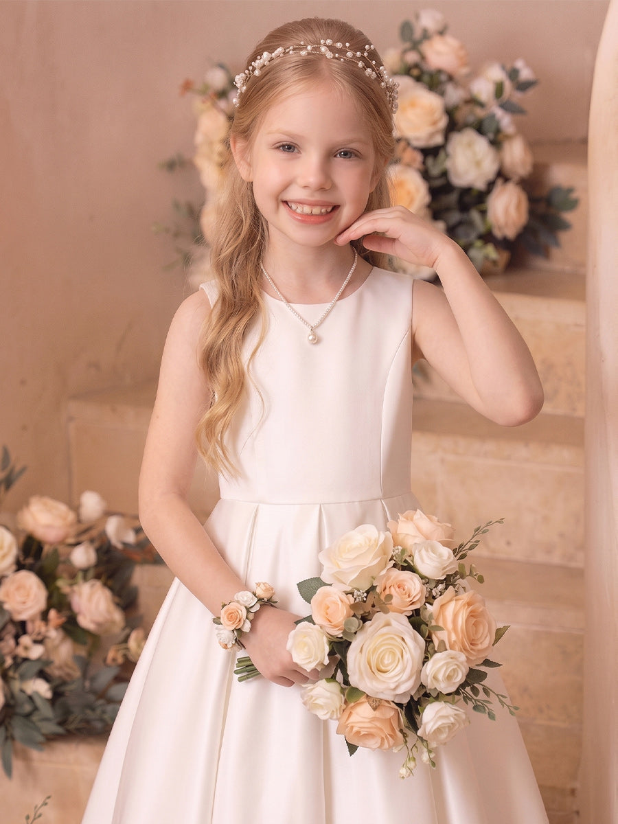 A-Line/Princess Boat Neck Sleeveless Floor-Length Flower Girl Dresses With Bowknot & Ruffles
