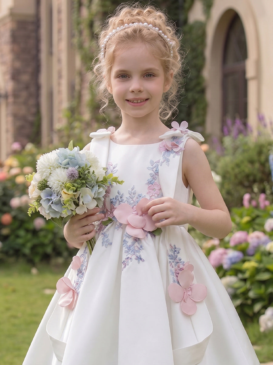A-Line/Princess Boat Neck Sleeveless Knee-Length Flower Girl Dresses With Bowknot & 3D Floral