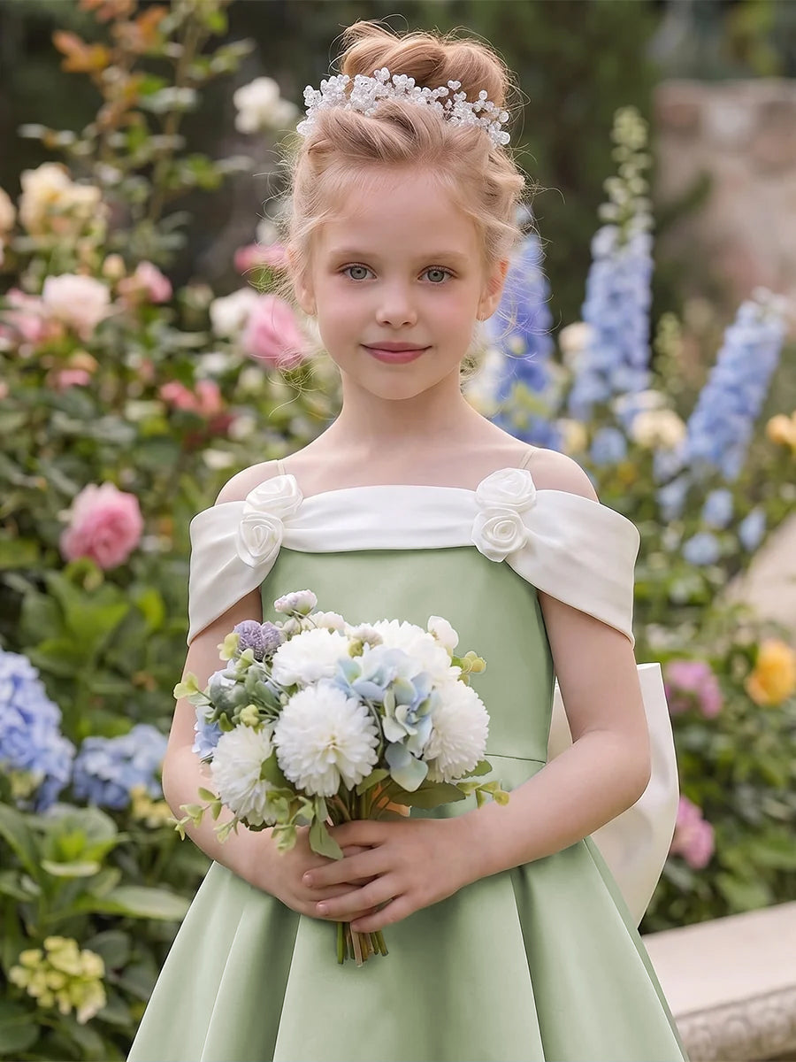A-Line/Princess Off the Shoulder Sleeveless Knee-Length Flower Girl Dresses With Bowknot & 3D Floral