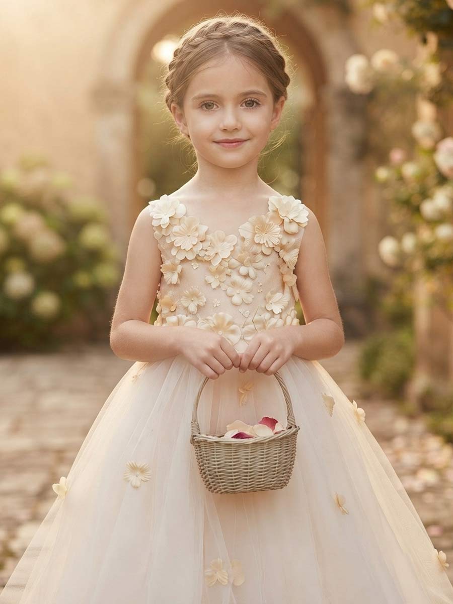 A-Line/Princess Scoop Sleeveless Asymmetrical Flower Girl Dresses With Appliques & Lace