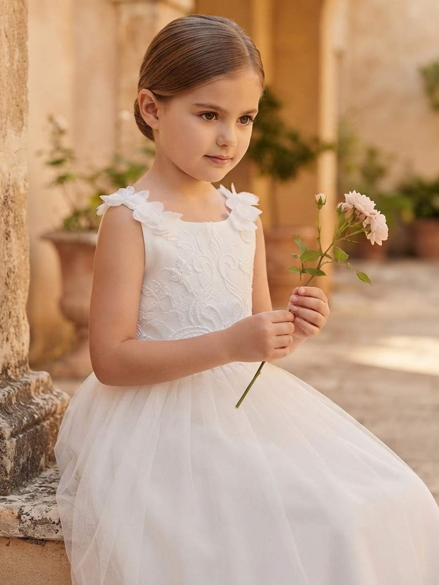 A-Line/Princess Scoop Sleeveless Floor-Length Flower Girl Dresses With Bowknot & Lace