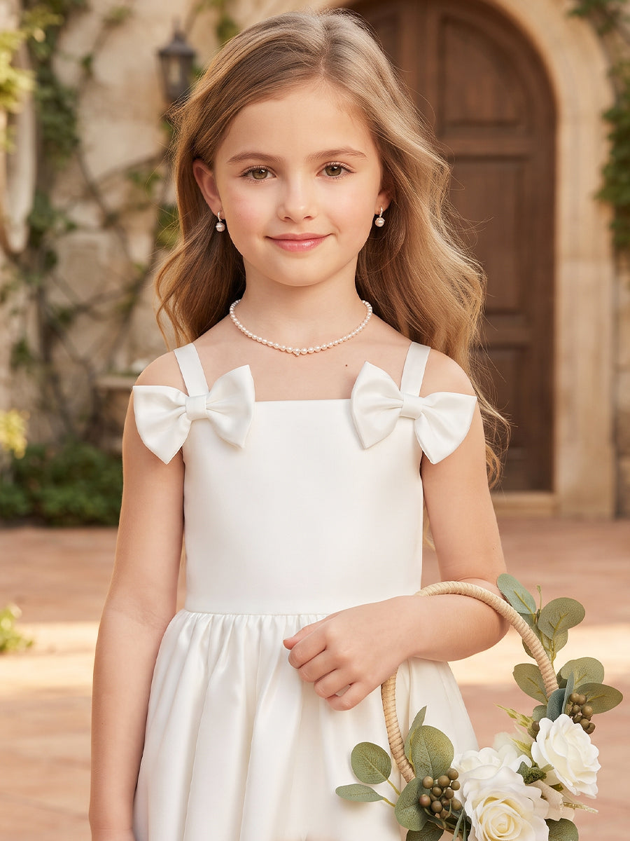 A-Line/Princess Square Neck Sleeveless Satin Asymmetrical Flower Girl Dresses with Bowknots