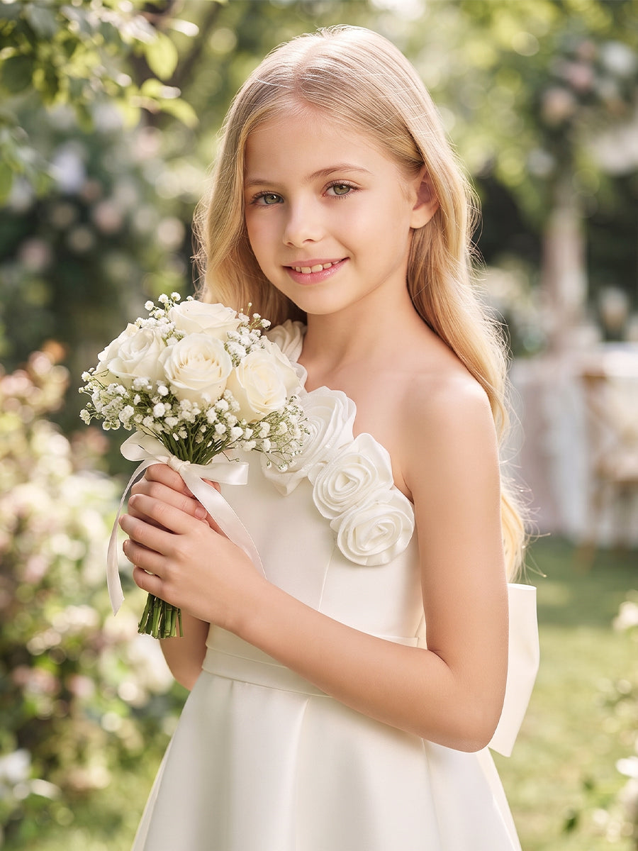 A-Line/Princess One-Shoulder Sleeveless Satin Floor-Length Flower Girl Dresses with Bowknots