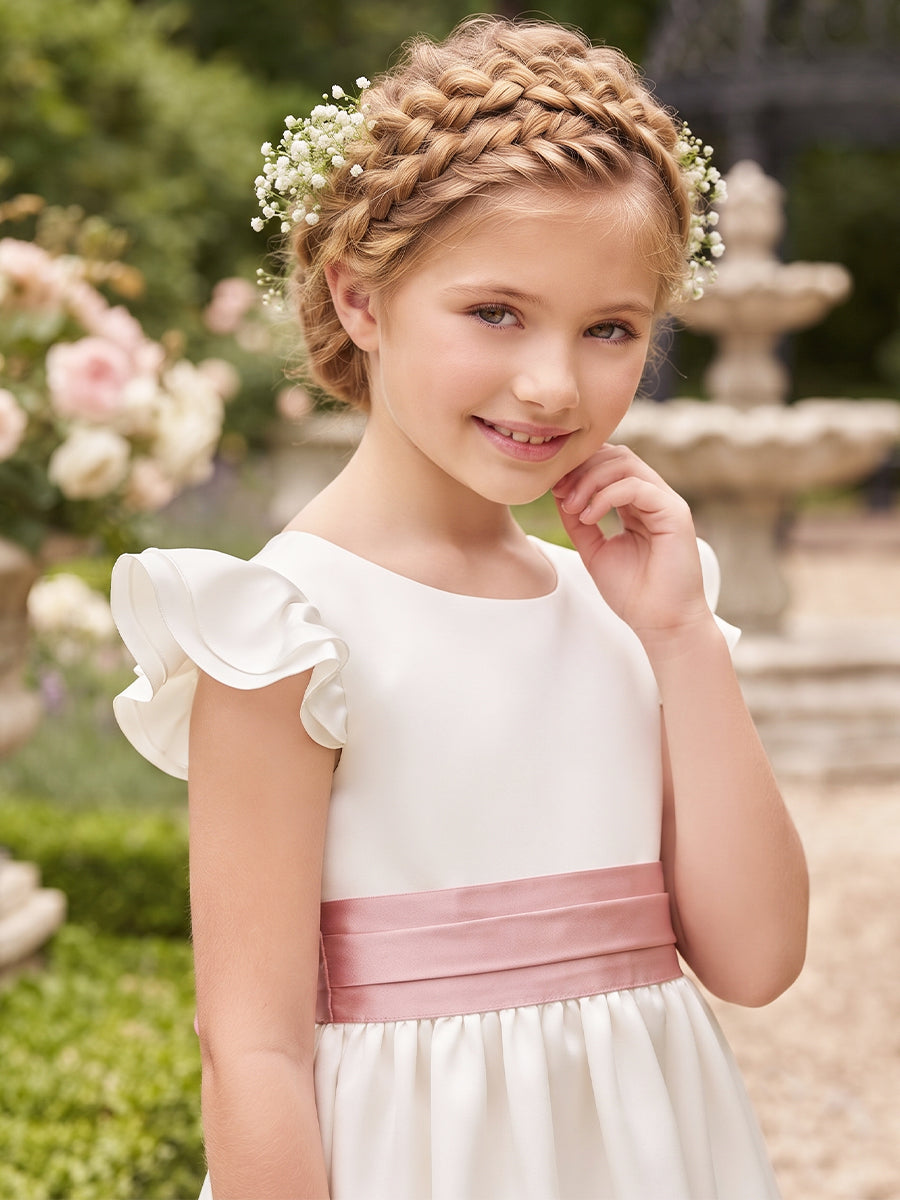 A-Line/Princess Crew Neck Flying Sleeves Satin Floor-Length Flower Girl Dresses with Bowknot