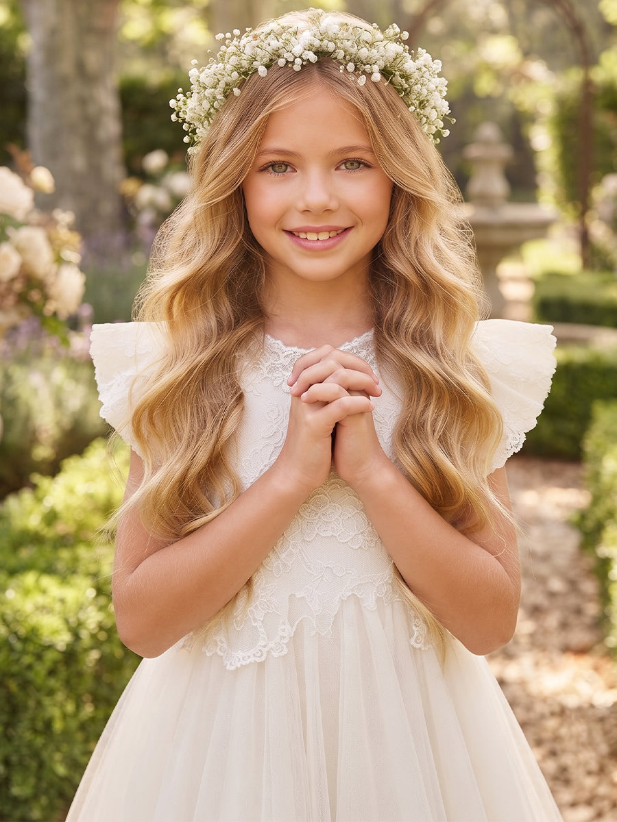 A-Line/Princess High Neck Flying Sleeves Tulle Floor-Length Flower Girl Dresses with Applique