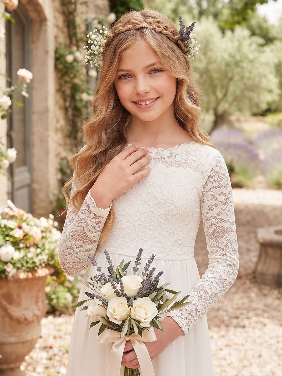 A-Line/Princess Crew Neck Long Sleeves Chiffon Ankle-Length Flower Girl Dresses with Lace