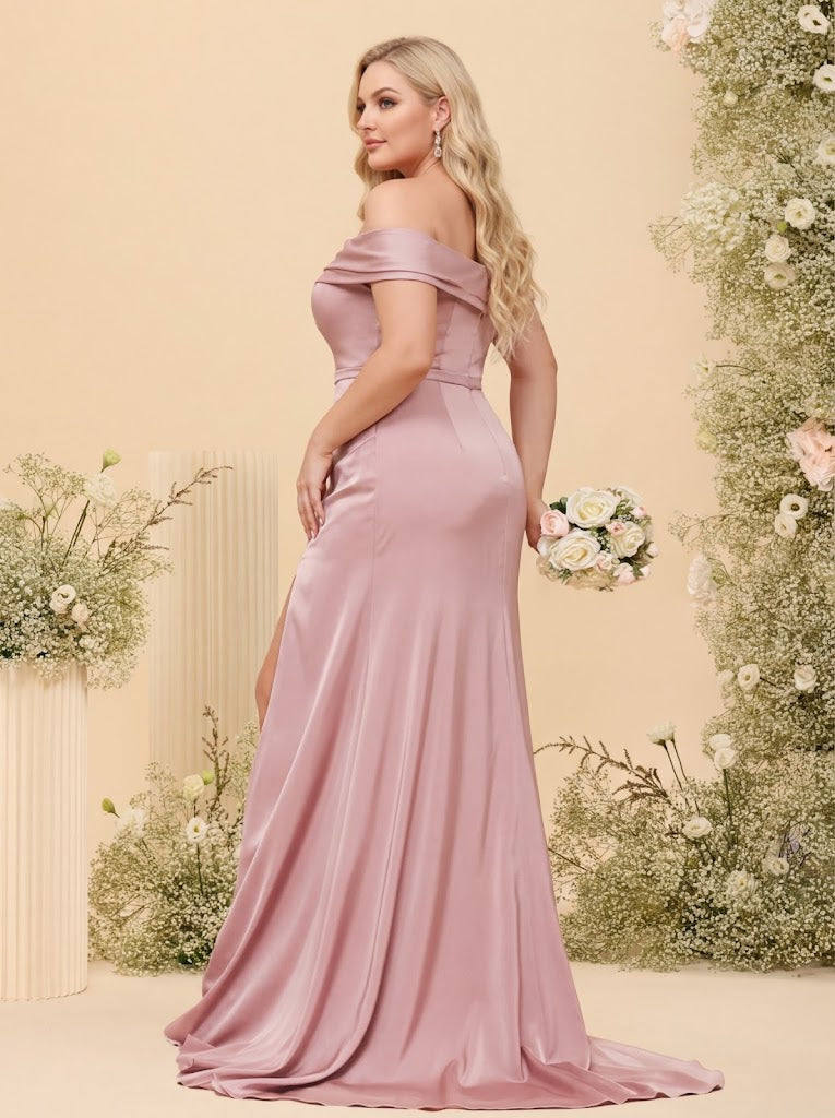 Sheath/Column Off-the-Shoulder Long Formal Plus Size Dresses with Split Side & Ruched