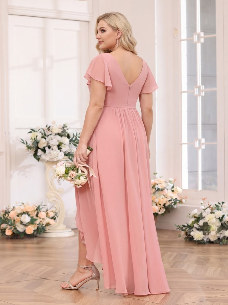 A-Line/Princess V-Neck Long Plus Size Wedding Party Dresses with Ruffles