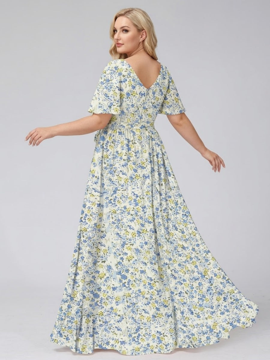 A-Line/Princess V-Neck Short Sleeves Ruched Plus Size Floral Bridesmaid Dresses