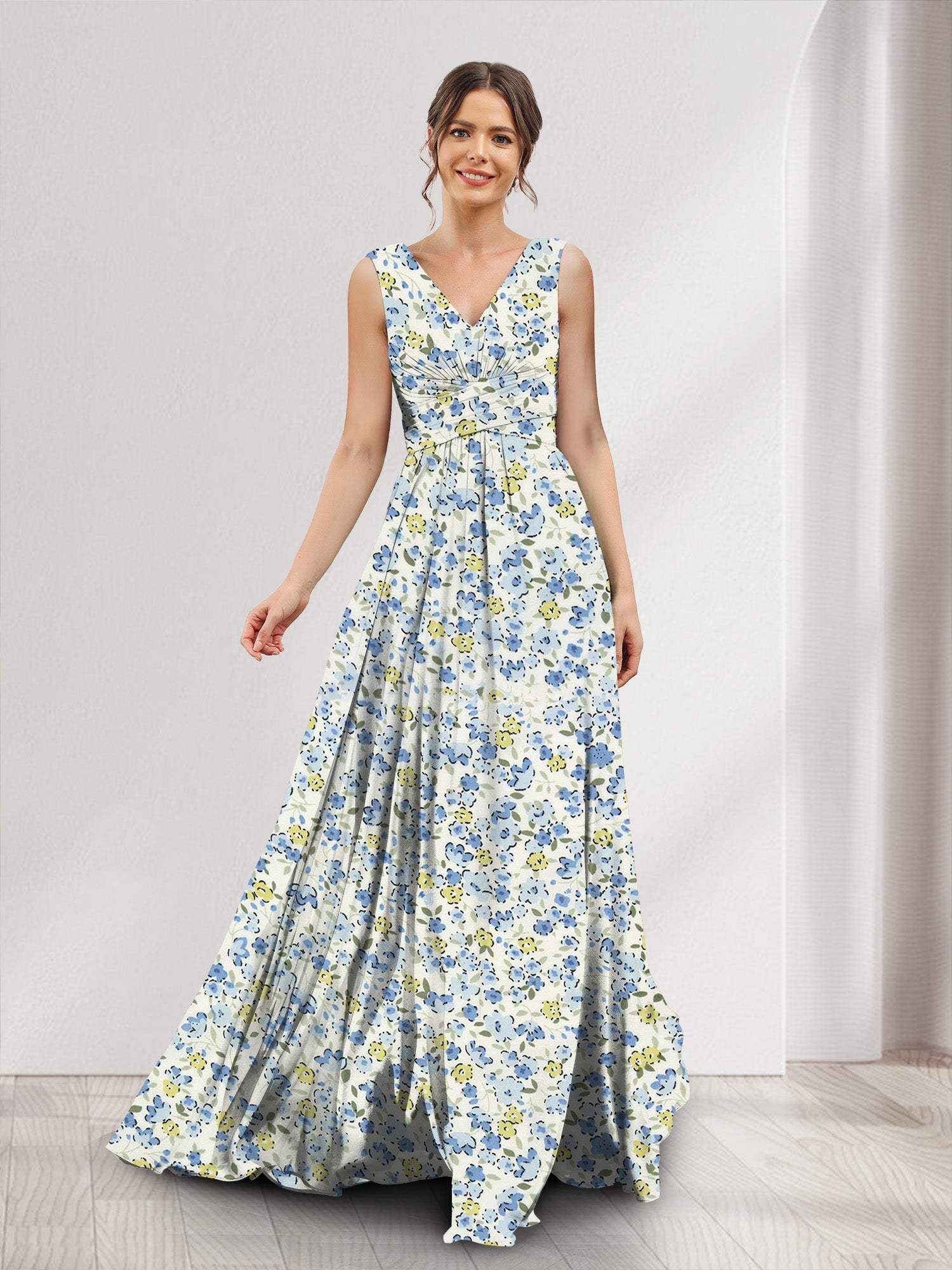 A-Line/Princess V-Neck Sleeveless Ruched Floral Bridesmaid Dresses –  Lavetir UK