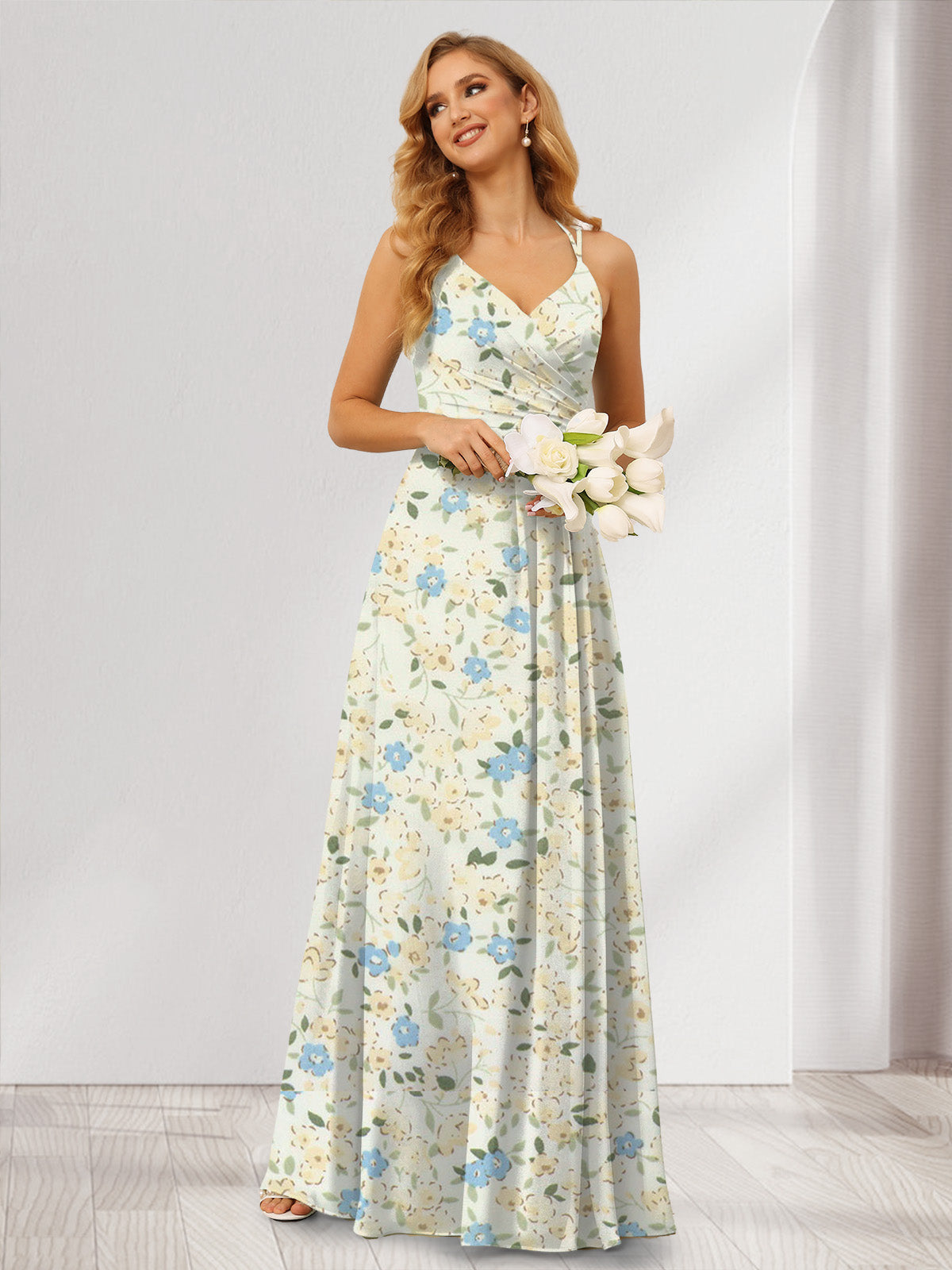 A-Line/Princess Halter Sleeveless Ruched Floral Bridesmaid Dresses –  Lavetir UK