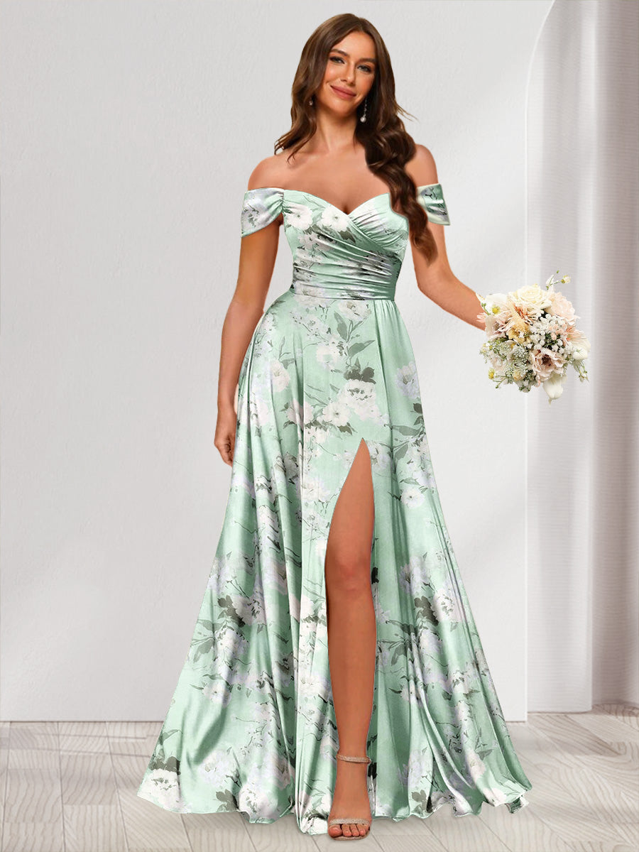 Floor-Length Off-the-Shoulder Long Floral Dresses with Split Side & Ruched