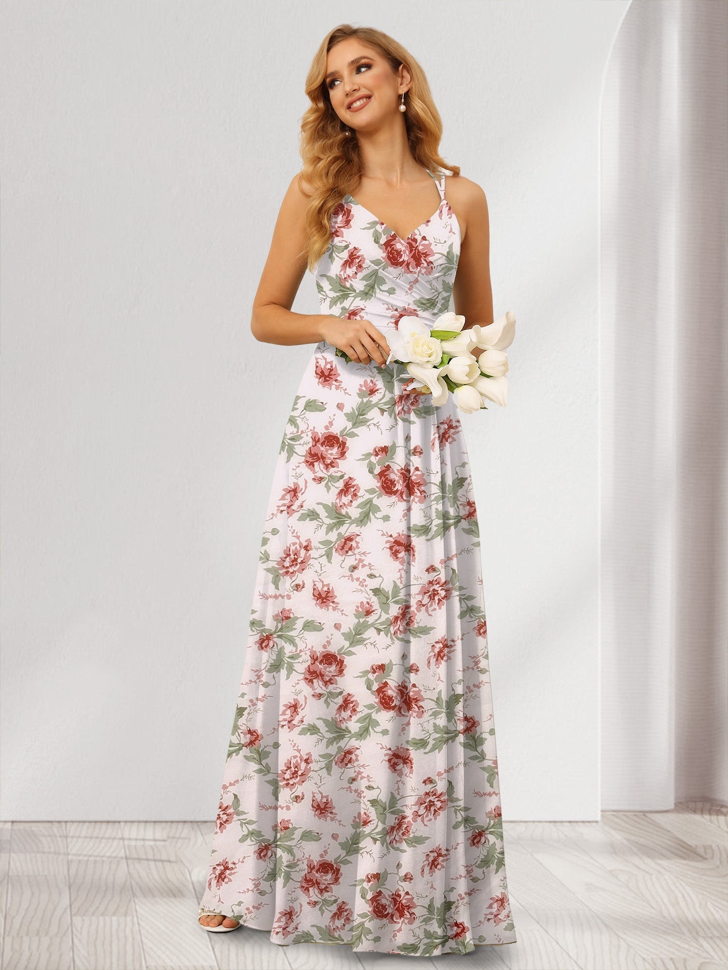 A-Line/Princess V-Neck Long Floral Bridesmaid Dresses with Ruched Lavetir UK A-Line/Princess V-Neck Long Floral Bridesmaid Dresses with Ruched Lavetir UK