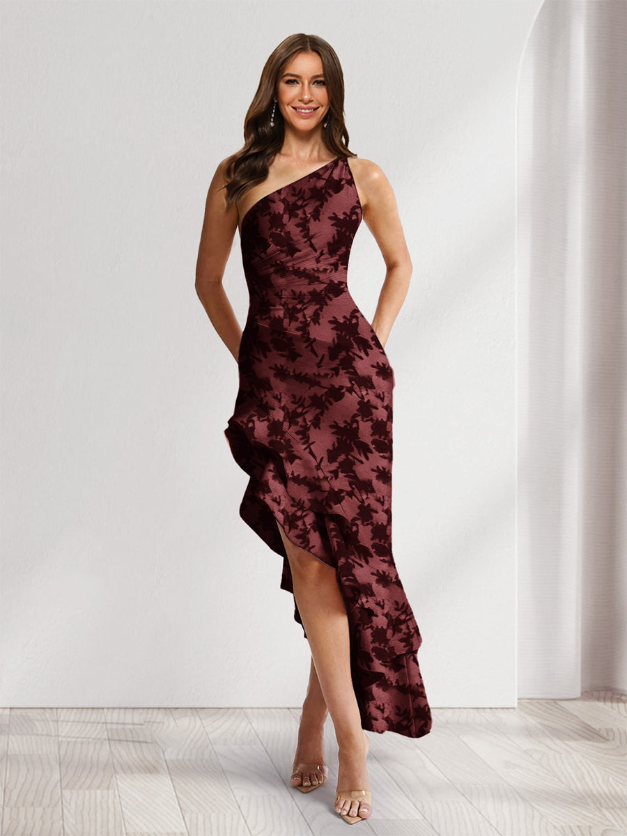 Sheath/Column One-Shoulder Ruffle Floral Wedding Guest Dresses with Split Side