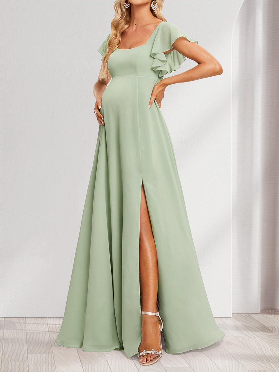A-Line/Princess Square Neck Baby Shower Bridesmaid Dresses with Ruffles & Side Slit