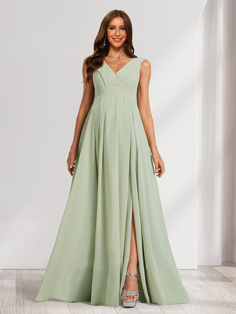 A-Line/Princess V-Neck Ruched Chiffon Baby Shower Bridesmaid Dresses with Pleats & Side Slit