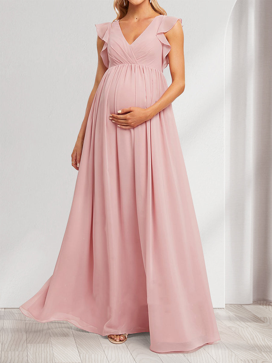 A-Line/Princess V-Neck Flutter Sleeves Ruched Long Baby Shower Bridesmaid Dresses with Pleats