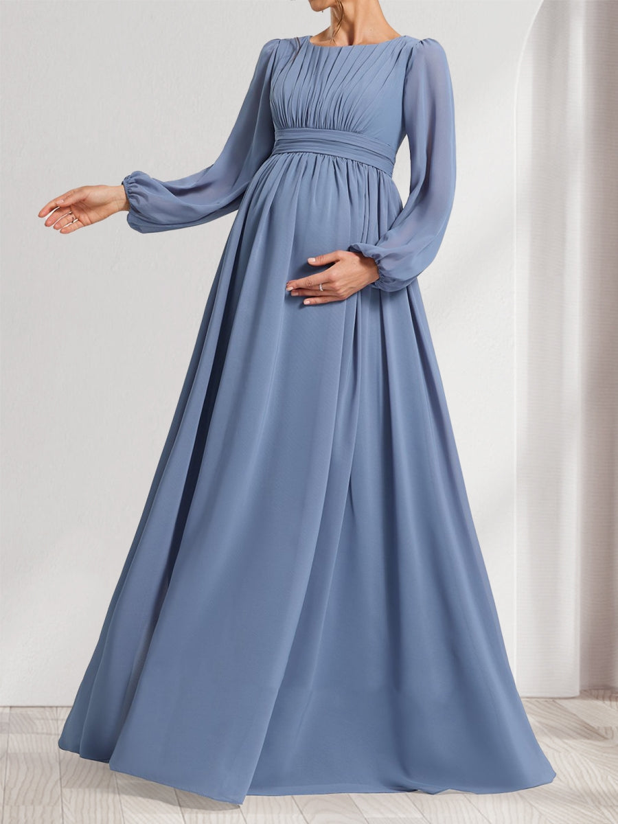 A-Line/Princess Scoop Long Sleeves Ruched Floor-Length Baby Shower Bridesmaid Dresses with Bow