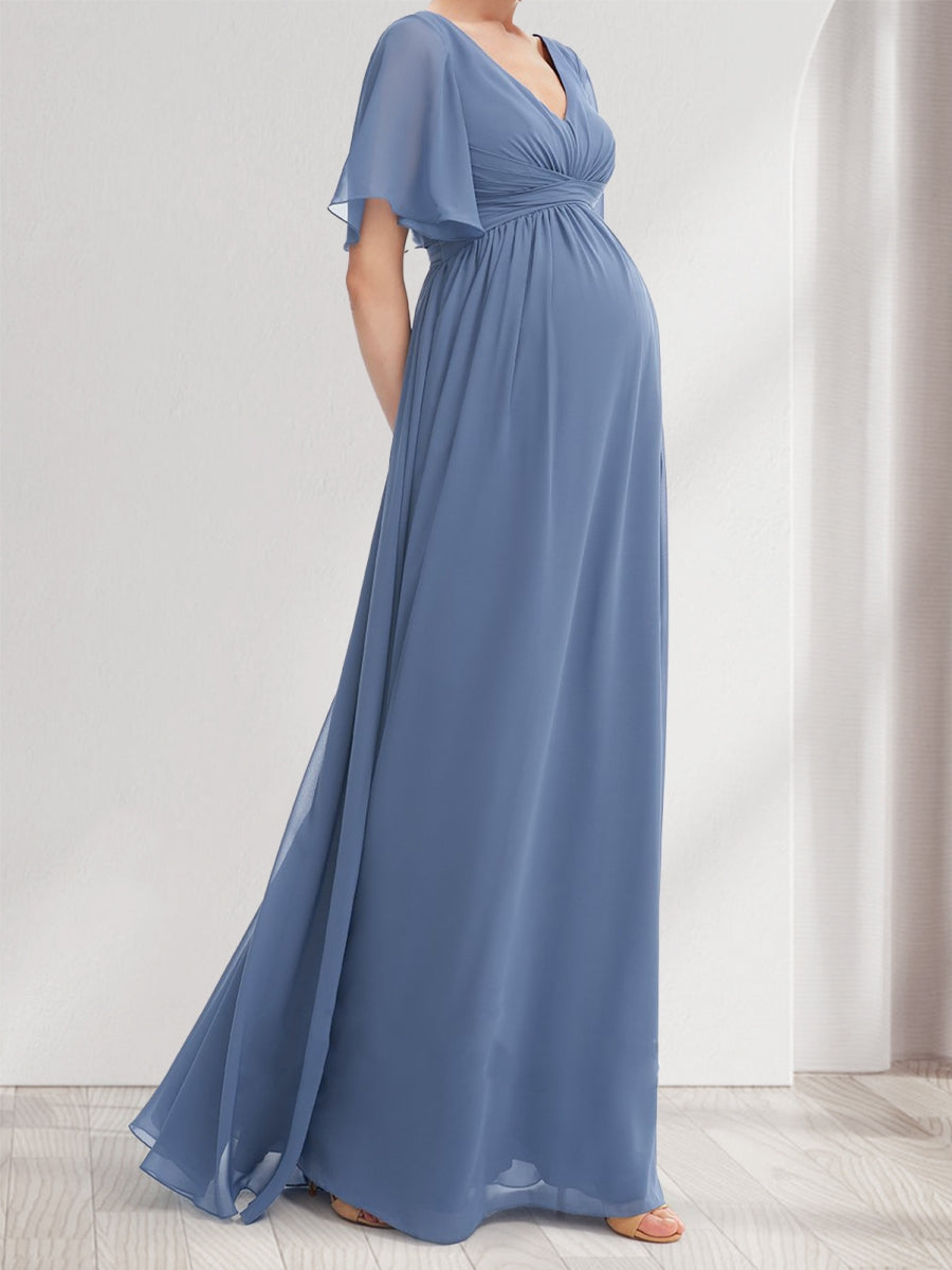 A-Line/Princess V-Neck Short Sleeves Chiffon Baby Shower Bridesmaid Dresses with Ruffles & Pleats