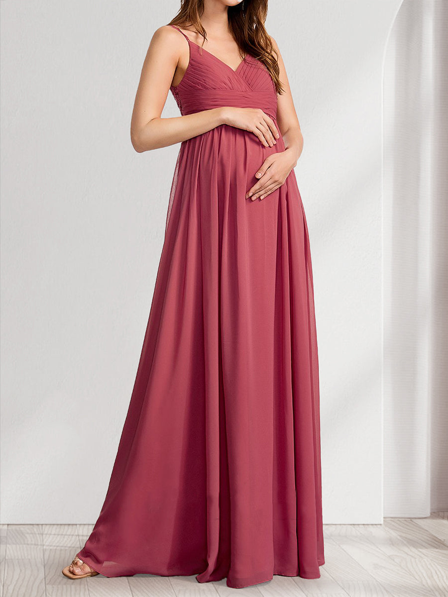 A-Line/Princess V-Neck Ruched Long Baby Shower Bridesmaid Dresses with Pleats & Appliques