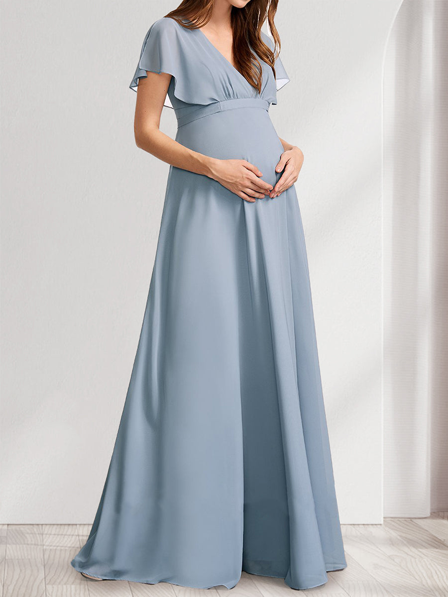 A-Line/Princess V-Neck Flutter Sleeves Baby Shower Bridesmaid Dresses with Bow & Ruffles