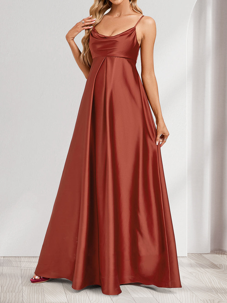 A-Line/Princess Cowl Neck Sleeveless Floor-Length Baby Shower Bridesmaid Dresses with Pleats