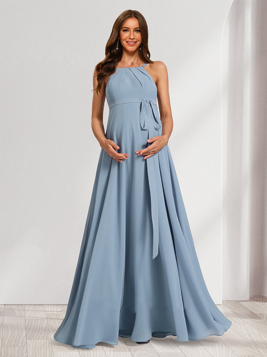 A-Line/Princess Halter Sleeveless Spaghetti Floor-Length Bridesmaid Dresses with Pockets main image 1