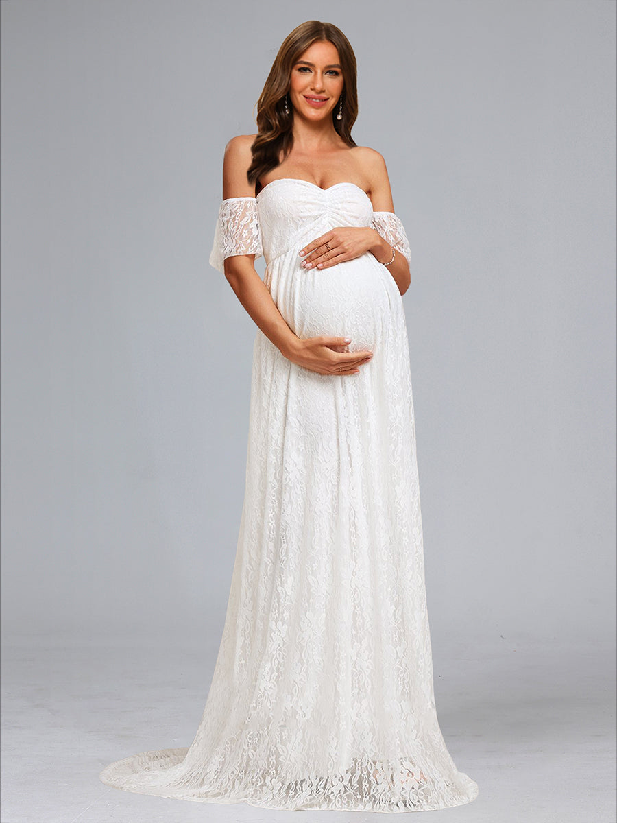 A-Line/Princess Strapless Short Sleeves Ruched Lace Maternity Dresses –  Lavetir UK