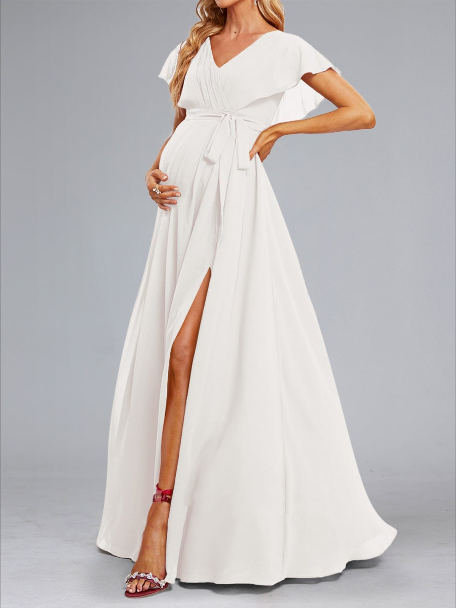 A-Line/Princess V-Neck Flutter Sleeves Ruched Elegant Maternity Dresses with Sash & Split Side