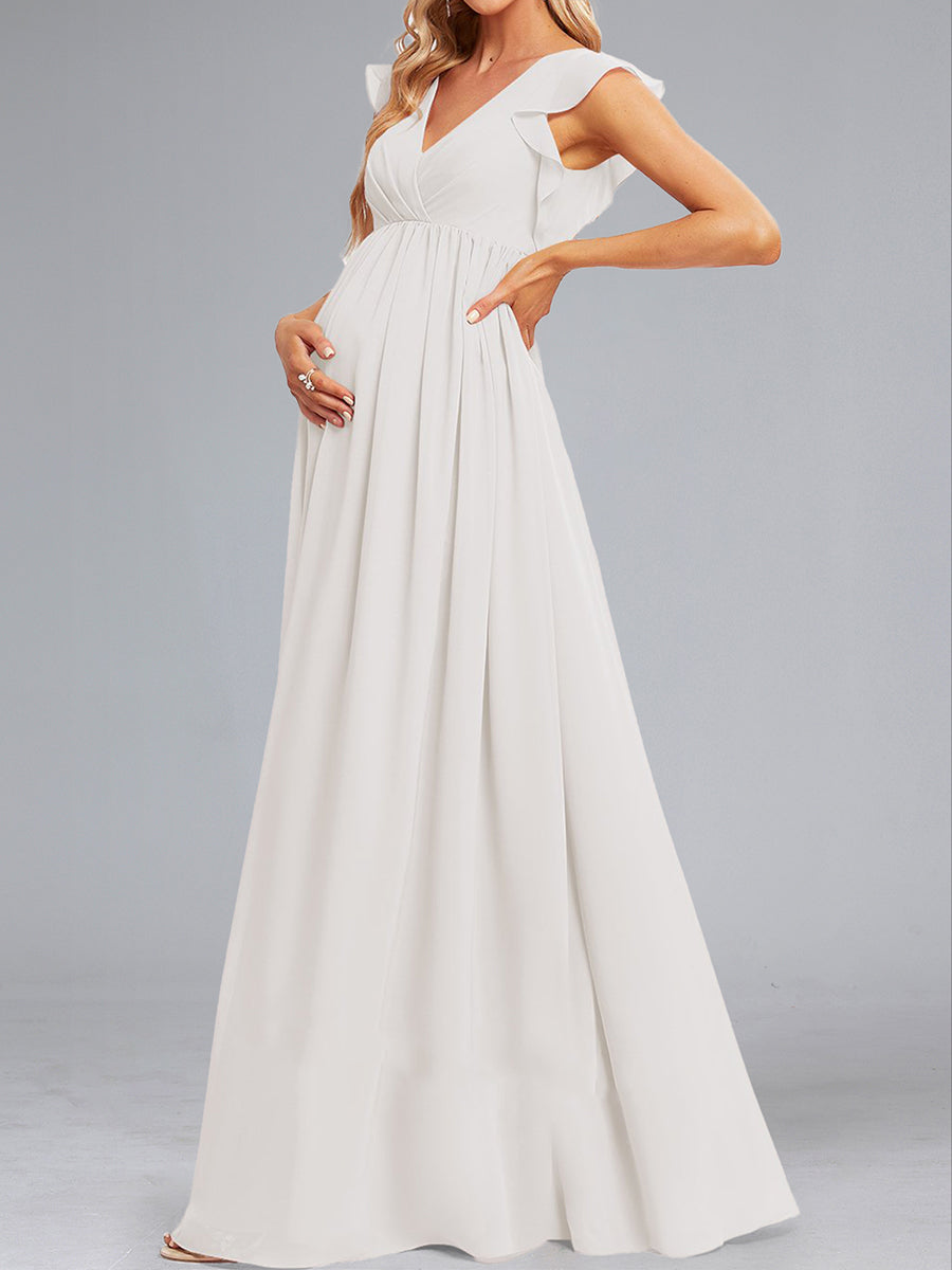 A-Line/Princess Chiffon Sleeveless Ruched Floor-Length Maternity Dresses with Ruffles