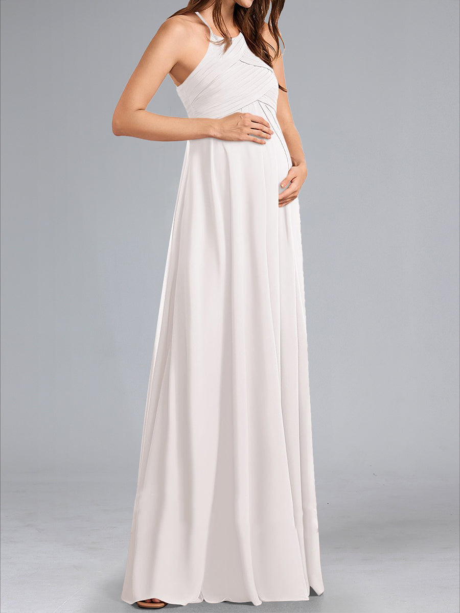 A-Line Halter Neck Ruched Chiffon Floor-Length Maternity Dresses with Pleats
