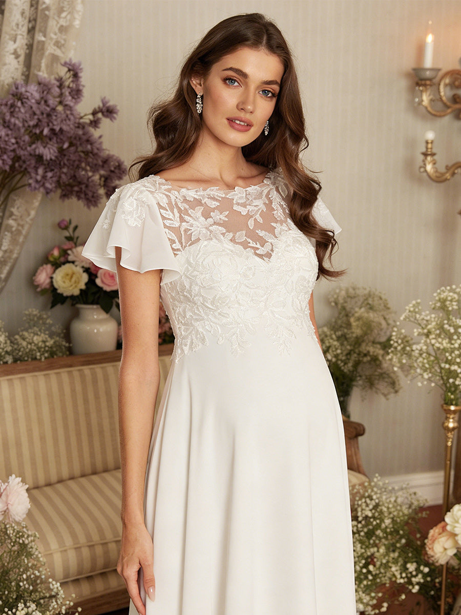 A-Line/Princess Illusion Neck Short Sleeves Floor-Length Maternity Wedding Dresses With Applique & Lace