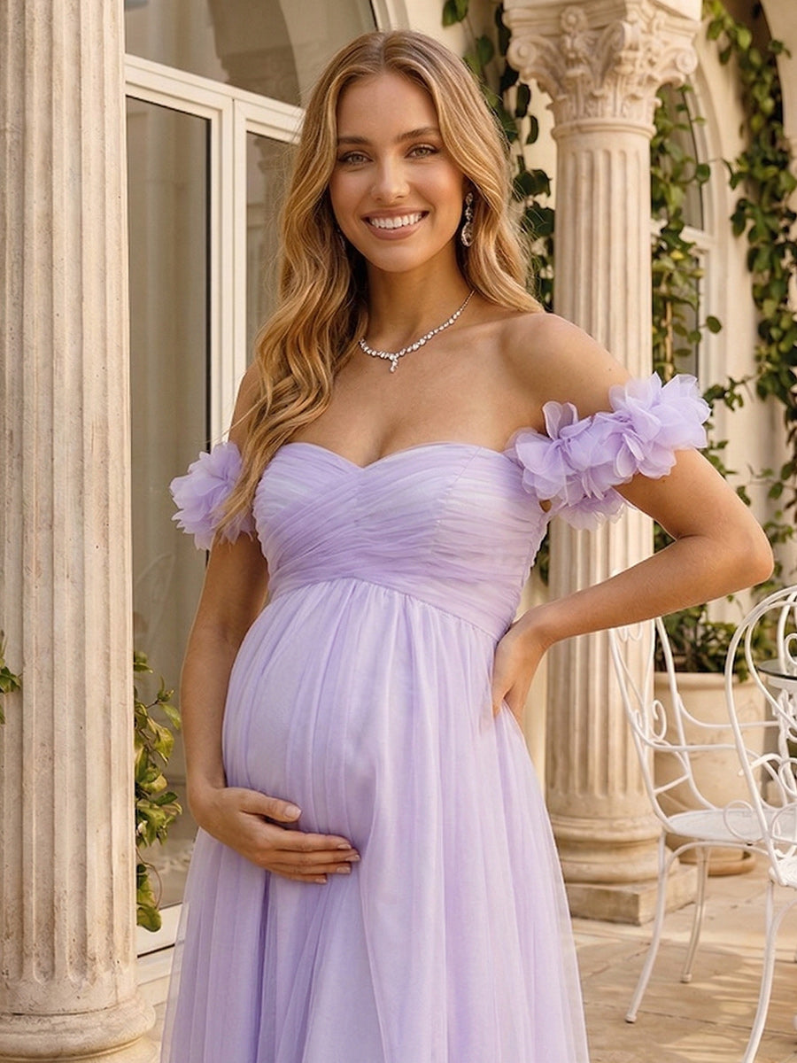 A-Line/Princess Off-the-Shoulder Floor-Length Maternity Wedding Guest Dresses with Pleated & 3D Floral