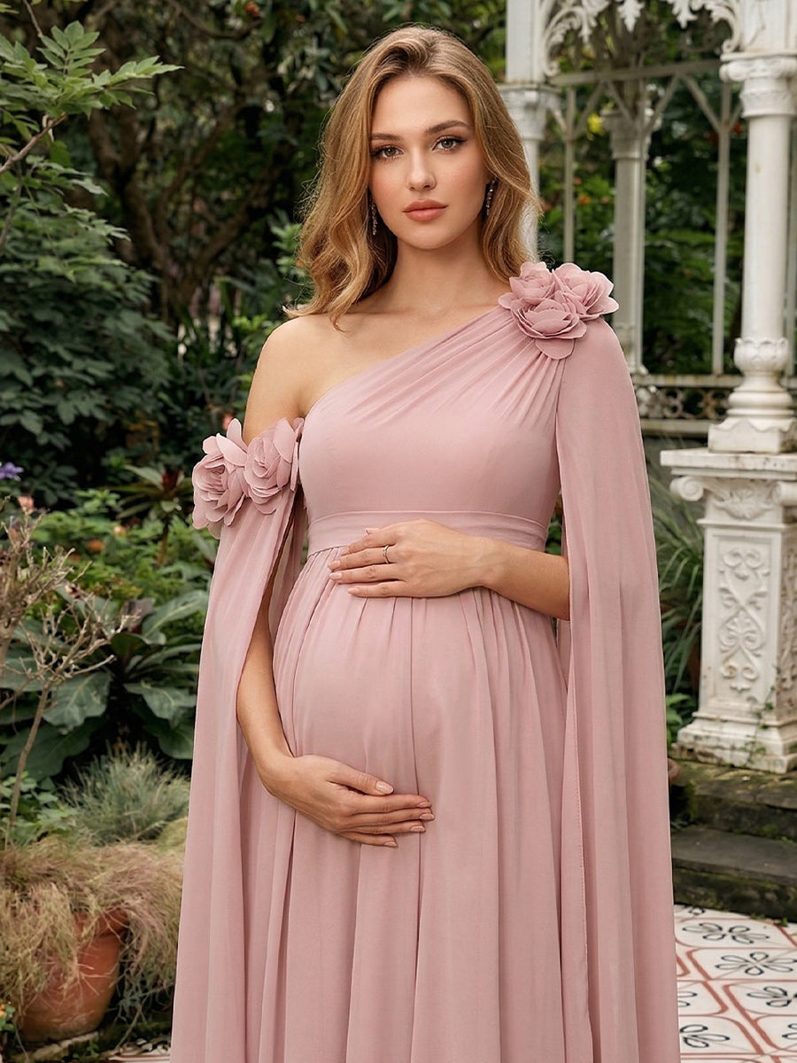 A-Line/Princess One-Shoulder Floor-Length Maternity Wedding Guest Dresses with Pleated & 3D Floral