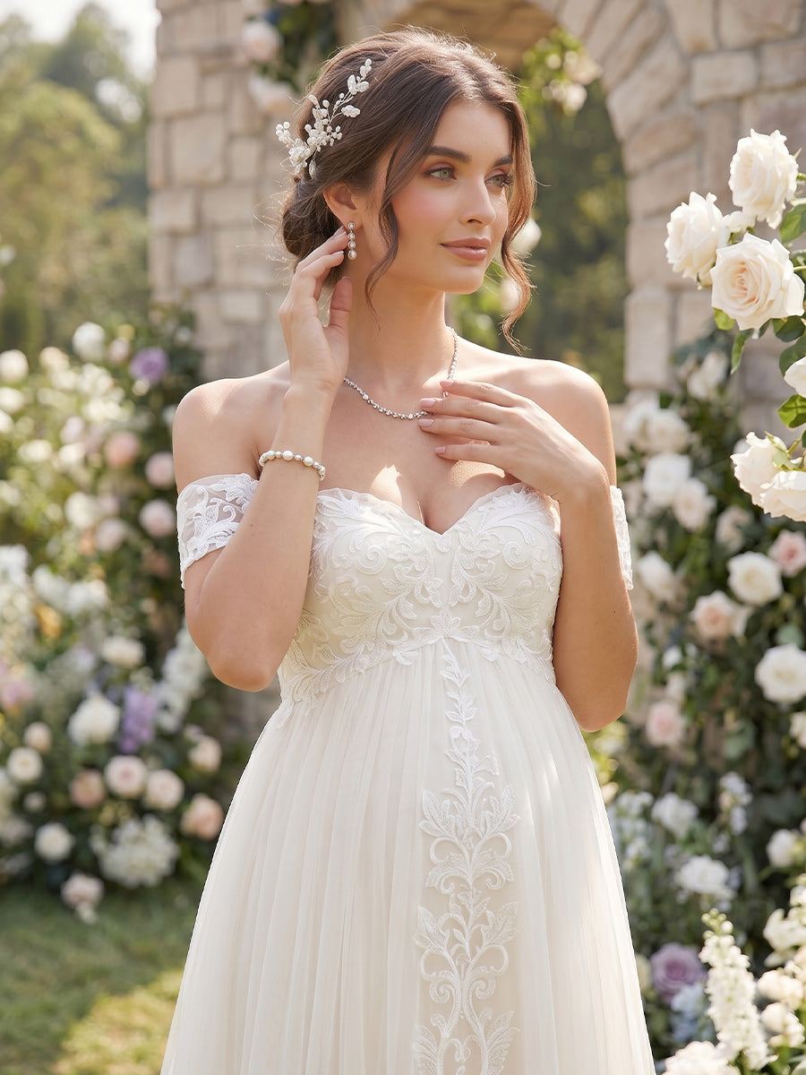 A-Line/Princess Off the Shoulder Sleeveless Court Train Maternity Wedding Dresses With Applique & Lace