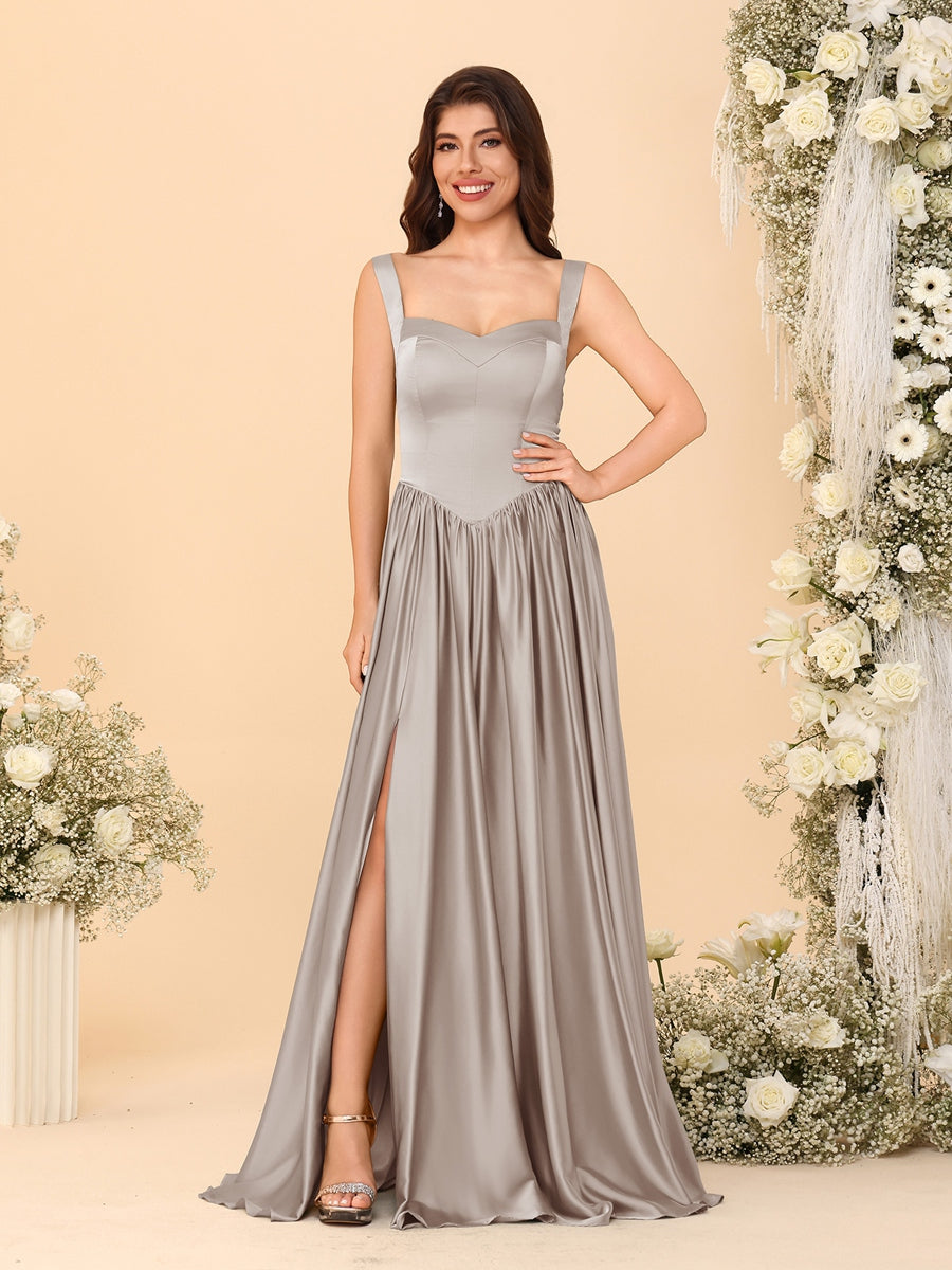 A-Line/Princess V-Neck Sleeveless Long Bridesmaid Dresses with Side Slit & Pleats