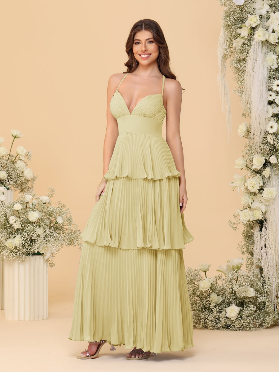 A-Line/Princess Spaghetti Straps Sleeveless Floor-Length Tiered Bridesmaid Dresses With & Pleats
