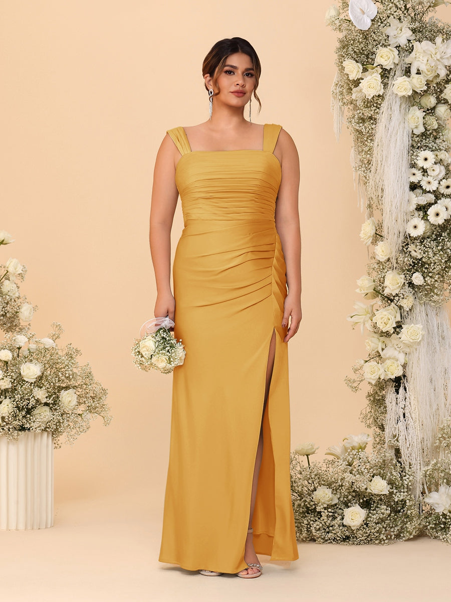 Sheath/Column Square Neck Sleeveless Floor-Length Ruched Plus Size Bridesmaid Dresses With Side Slit
