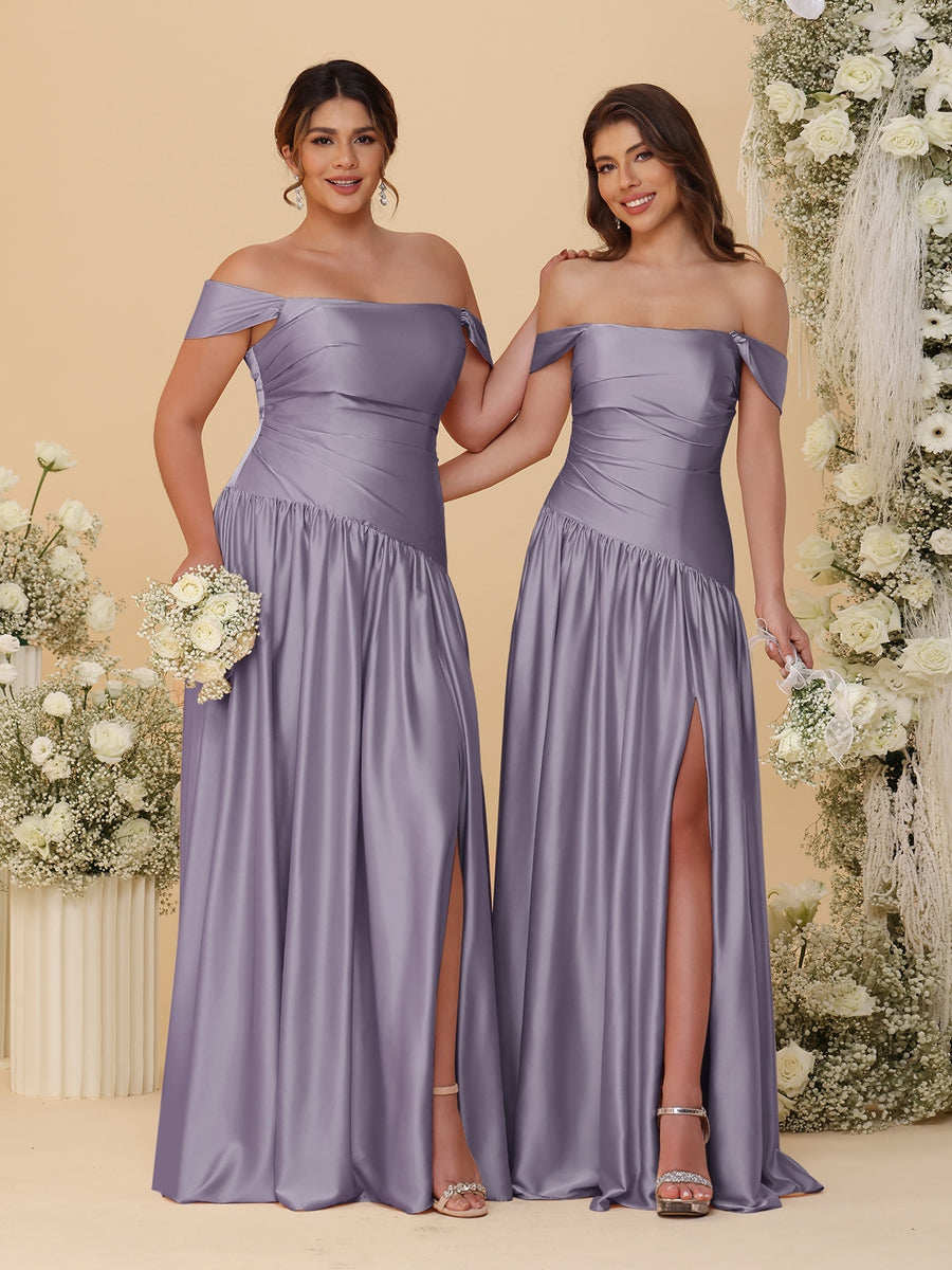 A-Line/Princess Off-the-Shoulder Ruched Long Bridesmaid Dresses With Side Slit & Pleats