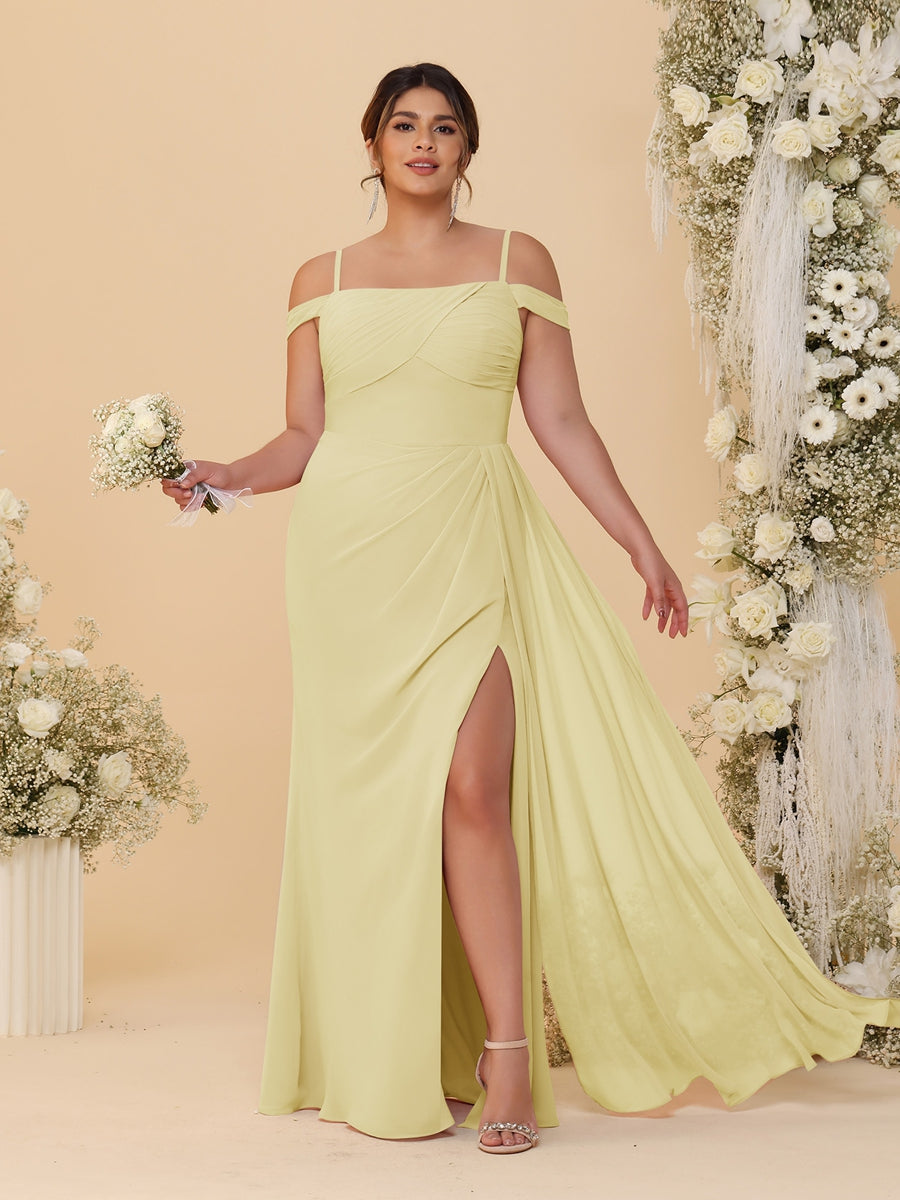 Sheath/Column Off-the-Shoulder Spaghetti Straps Plus Size Bridesmaid Dresses With Side Slit