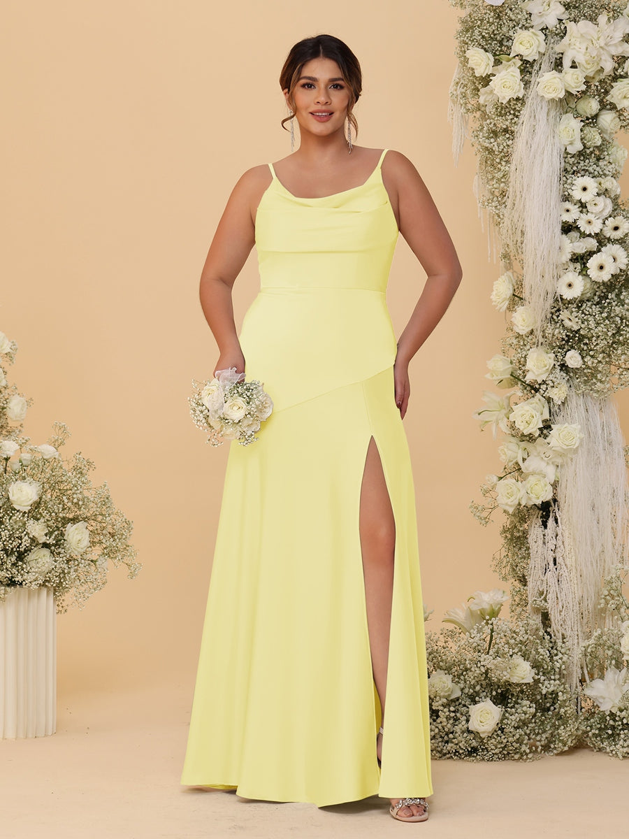 Sheath/Column Spaghetti Straps Cowl Neck Sleeveless Plus Size Bridesmaid Dresses With Split Side
