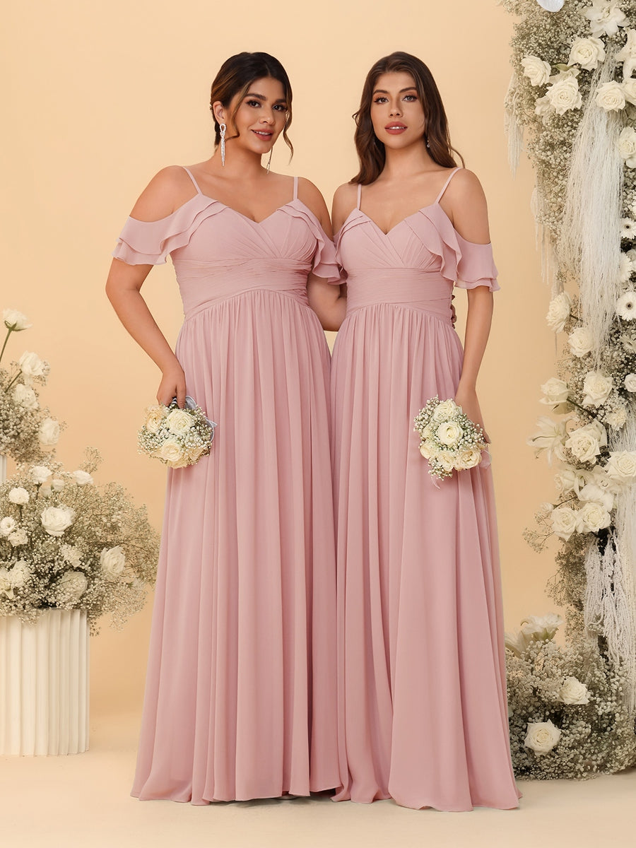 A-Line/Princess V-Neck Spaghetti Straps Chiffon Ruched Bridesmaid Dresses