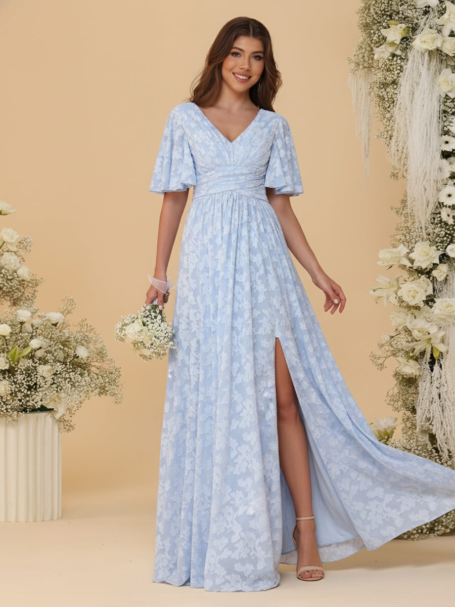 A-Line/Princess V-Neck Short Sleeves Long Bridesmaid Dresses