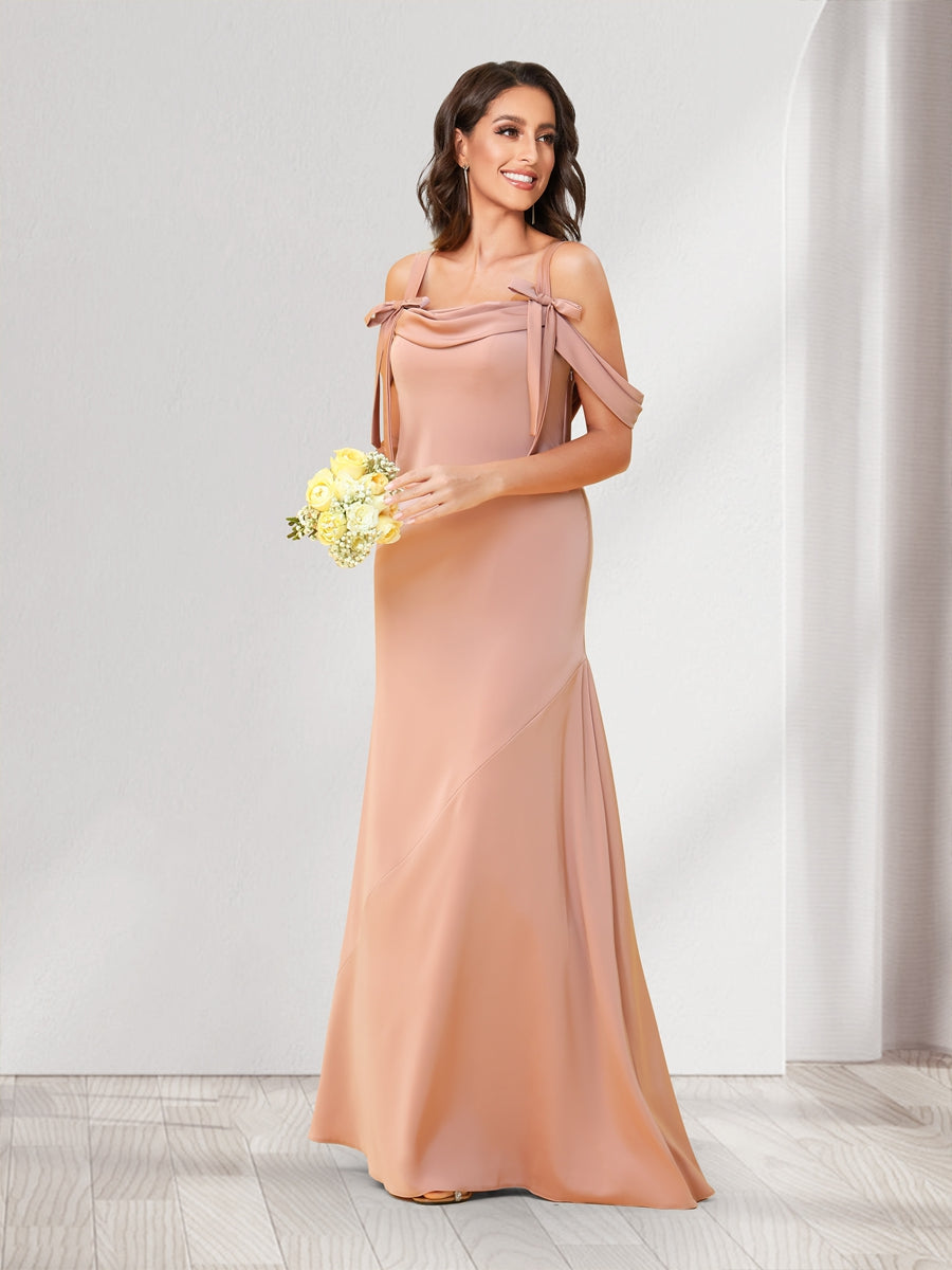 Sheath/Column Cold Shoulder Floor-Length Bridesmaid Dresses with Bowknots