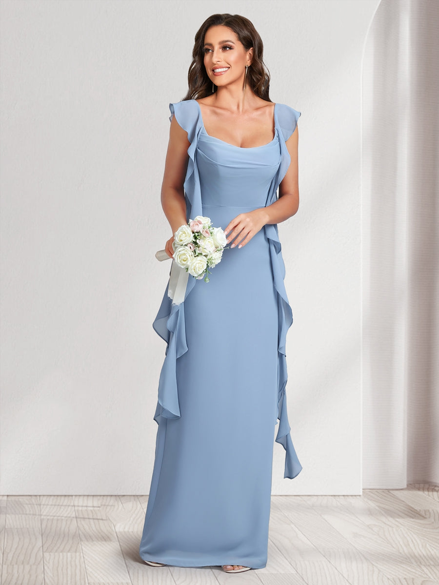 Sheath/Column Scoop Floor-Length Bridesmaid Dresses with Ruffle Straps