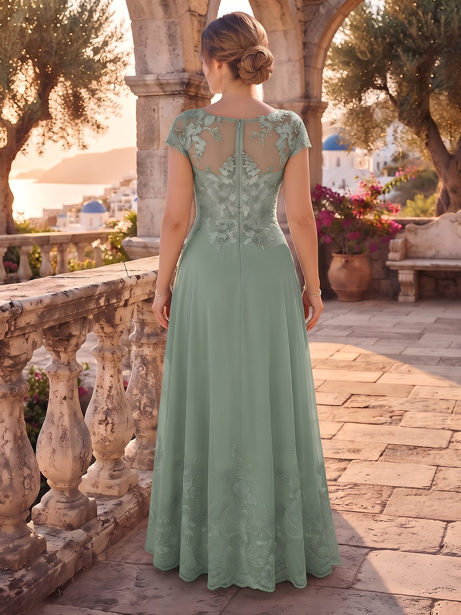 A-Line/Princess Scoop Cap Sleeves Chiffon Floor-Length Plus Size Mother of the Bride Dresses with Applique & Sequins