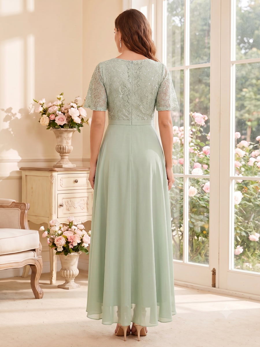 A-Line/Princess Scoop Short Sleeves Asymmetrical Mother of the Bride Dresses with Pleats & Ruffles